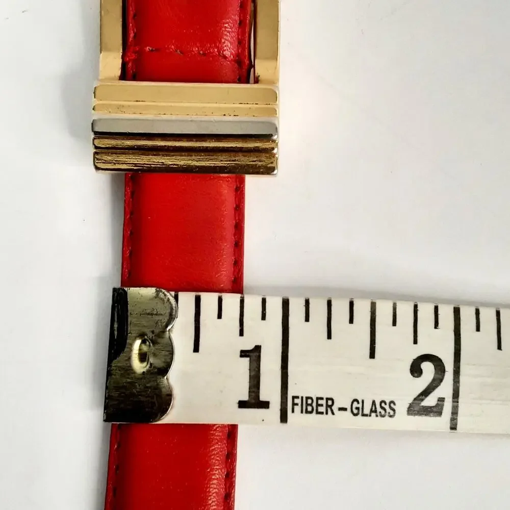 Womens Rose Red Genuine Leather Skinny Belt Size Medium Art Deco Buckle